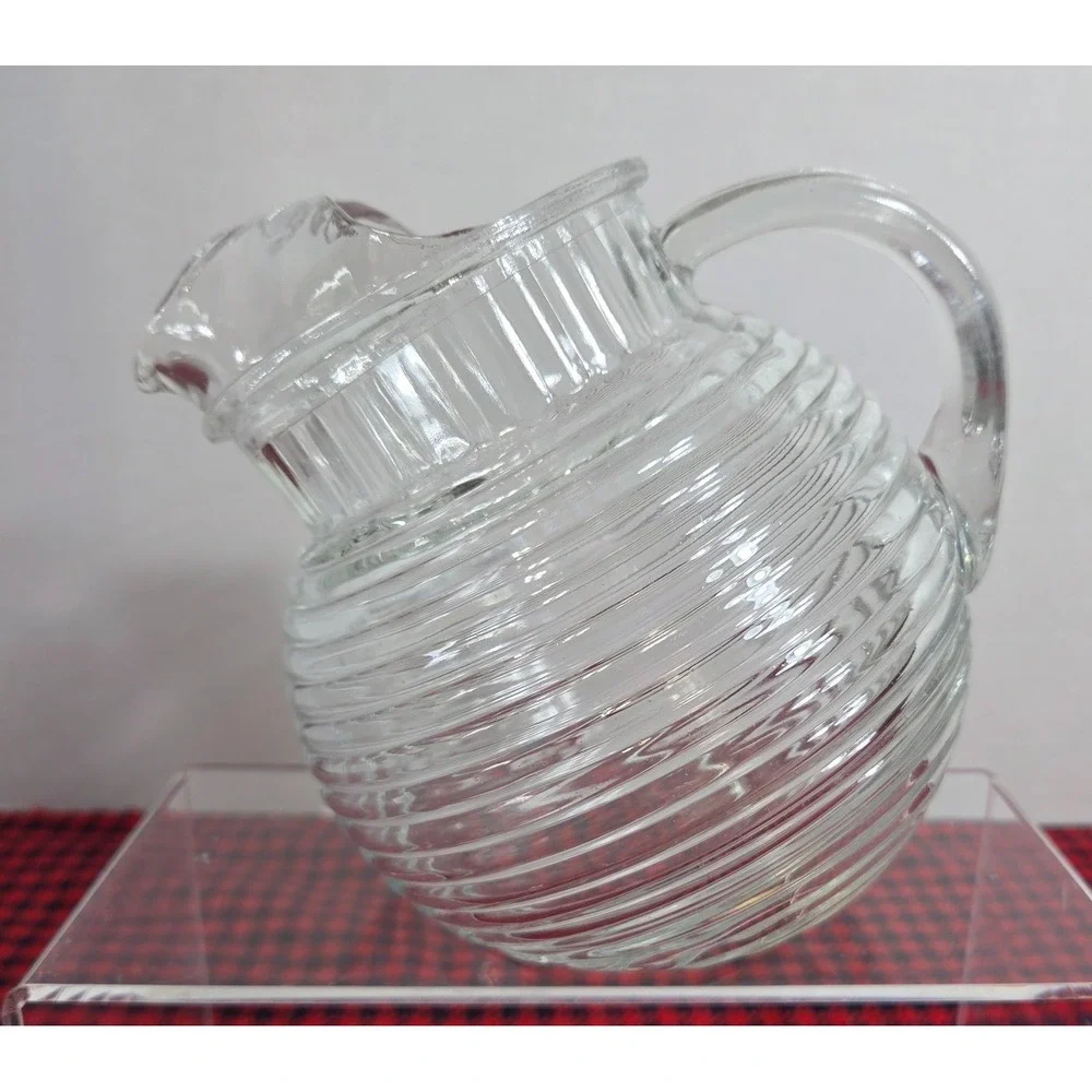 Vintage Anchor Hocking Manhattan Pattern Clear Glass Tilted Ball Pitcher 40 oz